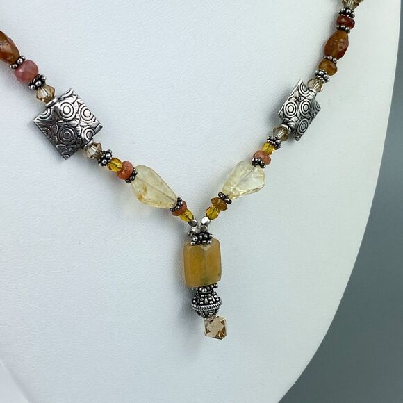 Gold Orange Clear Quartz Beaded Toggle Necklace | Vintage Silver Plated | 21" - Picture 6 of 8